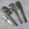 Three engineers' wrenches, largest is 9'' overall. A CCCHRAN 10'' pipe wrench