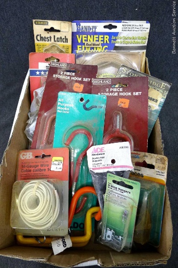 Shop items including veneer edging, Stanley chest latch, 14 gauge wire, storage hooks, shop or