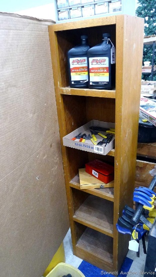Handy wooden shelf unit is about 13" x 10" x 58" high.