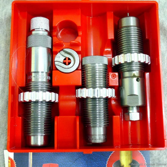 Three Lee reloading dies are marked 300 Win-L1, 300 WM-B2, and 300 Win-A2. Incl case, shell holder,