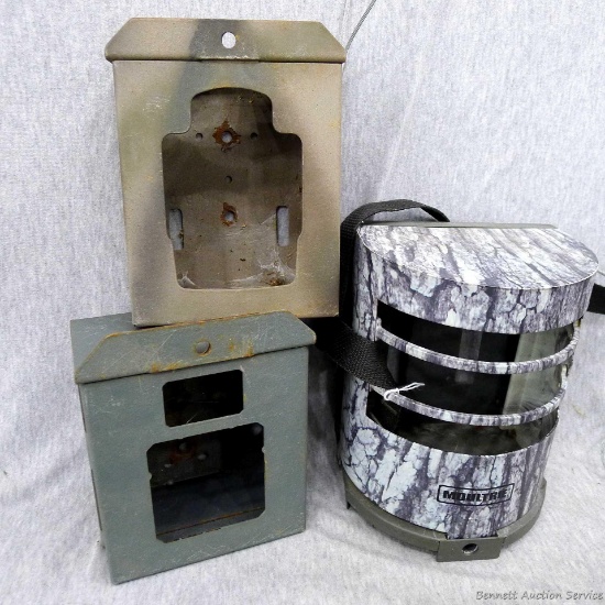 Moultrie, CVWTOCKBOX, and other game camera houses, largest about 6" x 5" x 8" high overall. Two