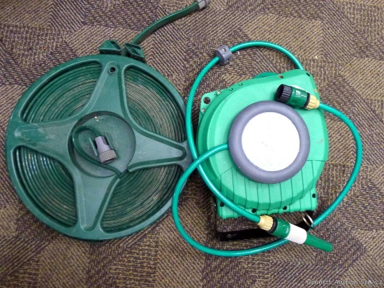 Hose-A-Matic garden hose on a wall-mountable retractable reel, and another garden hose on a 15"