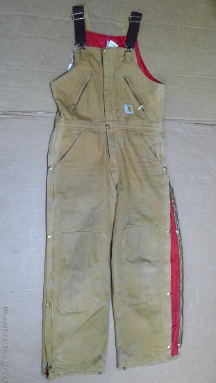 Nice Carhartt bib overalls with reinforced knees are 32 x 30 inseam. Show small amount of wear but