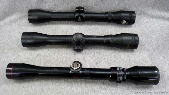 Three rifle scopes incl Ruger 4x32, BSA Classic SW 4x32, and a Deerfield 3-9x32 Waterproof Wide View