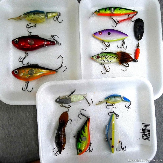 Twelve fishing lures up to 4" long by Rapala and others.