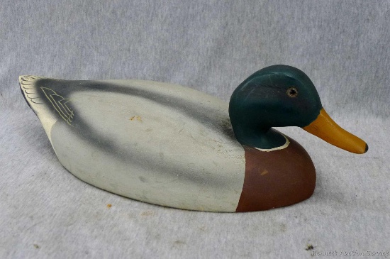 Wooden Mallard duck decoy is nicely painted and in good condition, about 16" long.