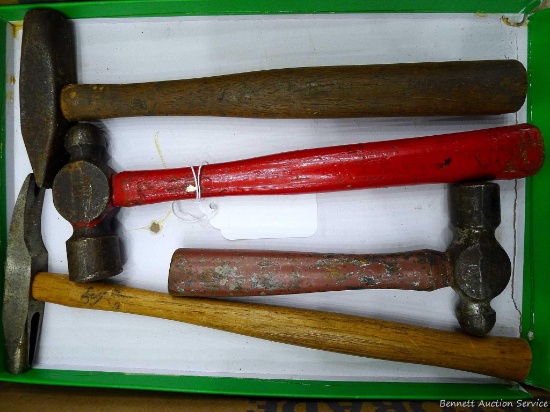 Adorable little cross peen hammer, two ball peen hammers, and an upholstery hammer. Longest about