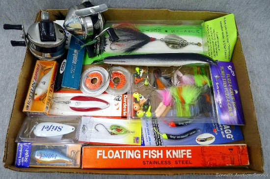 Two Zebco Spinner Model 33 fishing reels, assorted lures, and fishing tackle incl Rapala, Dardevle,