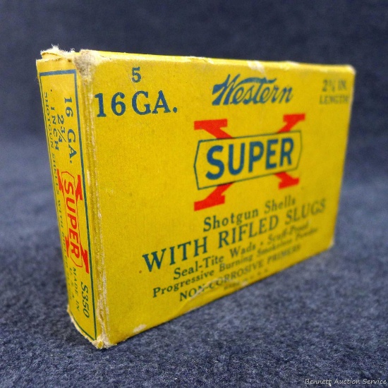 5 rounds of Winchester Super-X 16 gauge rifled slugs in original box. The box has good colors but is