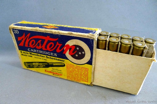 19 rounds of Western 8mm Mannlicher-Schoenauer 200 grain RNSP ammunition in a neat old Western box.