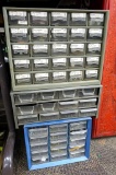 Three shop organizer boxes with contents incl washers, bolts, screws, S-hooks, locks, more. Largest