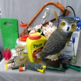 Chapin Bleach Disinfectant sprayer, Preen weed preventer, rat and mouse poison, garden owl, and