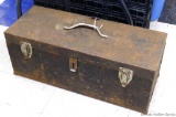 22 1/2'' x 9'' x 9'' metal tool box with some odd ball contents. Box can not latch, but should be