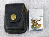 Zippo XV lighter with Whitetail deer and leather belt sheath. Lighter has spark, but seems to be out