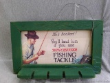 Winchester fishing tackle sign with fishing rod holder bracket is about 19