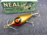 Old Neal Artificial Lures Gold Midget Neal Spinner fishing lure with original box. Bottom marked