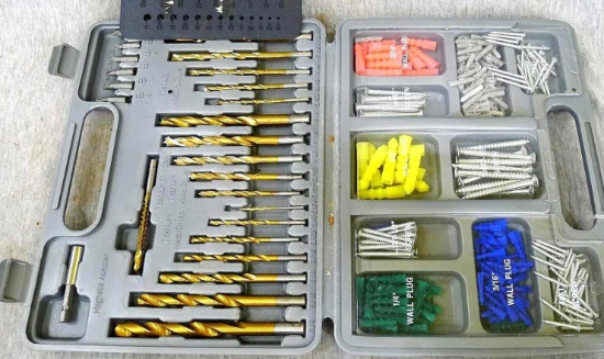Complete set of drill bits, 1'' - 2'' screws with wall plugs. All comes in a nice 10'' x 8'' x 2''