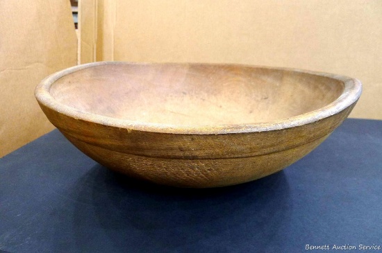 Everina Evans' antique wooden bread dough bowl with note measures 17" diameter. Neat old piece.