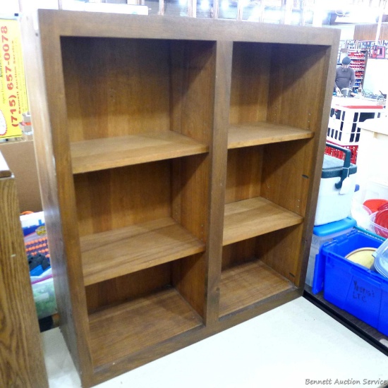3' x 1' x 3' 5'' shelf. Good sturdy wood piece, has some screw holes in back. In overall good