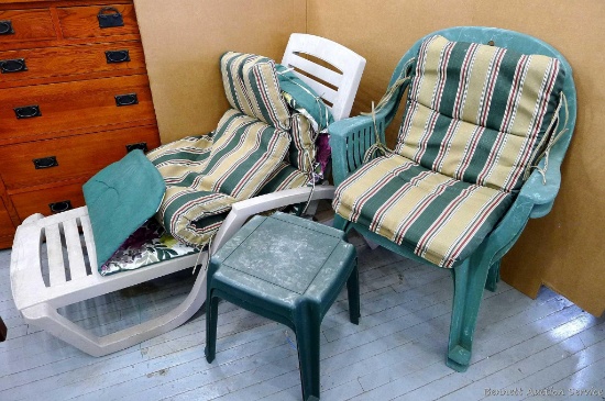 Two patio chairs with seat cushions and a lounge chair with cushion. Plus two side tables. Pieces