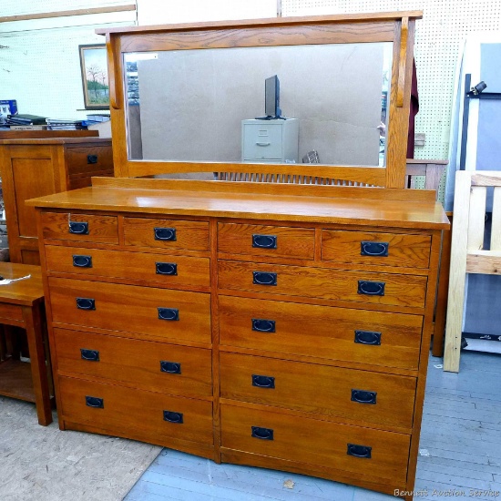 Beautiful Mission style Amish-made dresser with beveled mirror features twelve dovetailed drawers