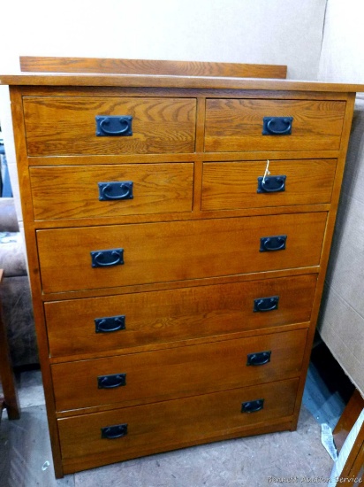 Beautiful Mission style Amish-made high boy dresser features dovetailed drawers. Only a couple small