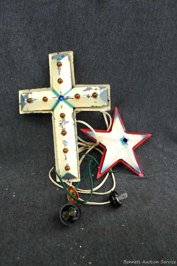 Vintage star and cross light up tree toppers. Toppers would need new bulbs to light up, the cross