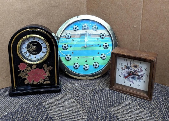 Quartz and other mantle and wall clock. Unique designs and theme. Wall clock measures 11''. Seller