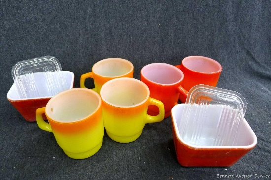 Retro Fire King mugs and two Pyrex refrigerator dishes. Refrigerator dishes about 4" x 3-1/4" x