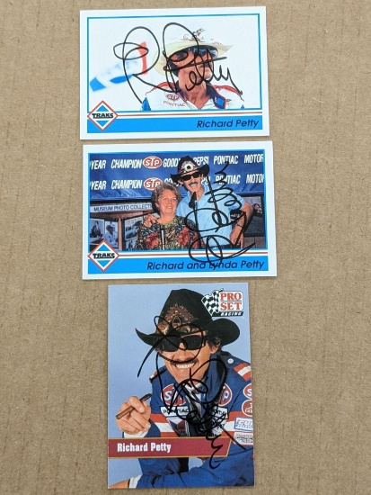 Three signed autographed Richard Petty Nascar racing cards