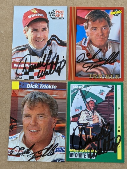 Four signed autographed Dick Trickle and Darrell Waltrip Nascar racing cards