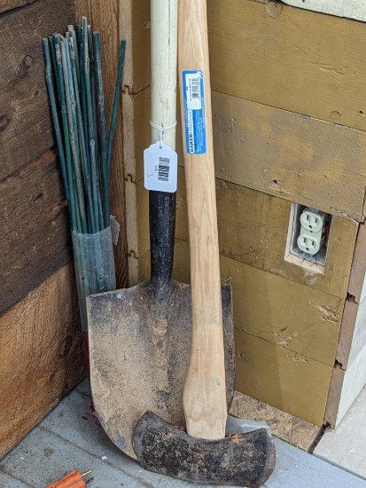 56" tall shovel with tight head, tight double bit axe head on a 36" Barker handle, and a bunch of 2'