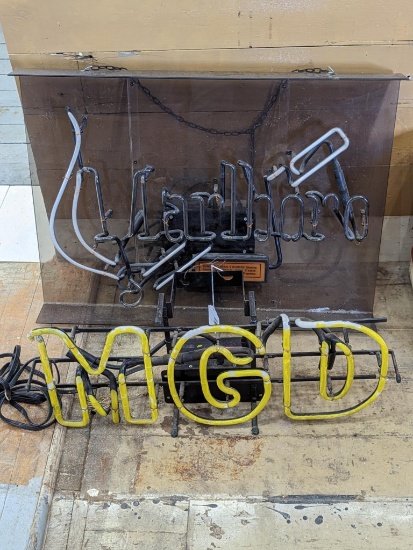 No shipping. Marlboro and MGD neon lights for parts. Larger about 28" x 20" x 3", other about 26" x