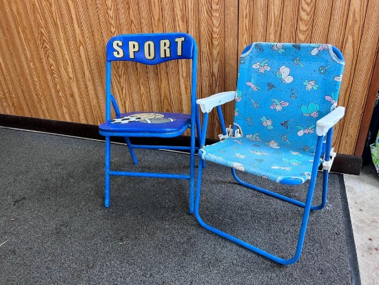 2 children's folding chairs, One with cloth seat and one with plastic cushion seat
