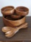 Wooden salad bowl set incl tongs and smaller serving bowls. Largest about 9-1/2