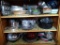 Pans and bakeware including stoneware bean pot marked USA, cake & pie pans, muffin tins, mixer