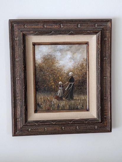 Beautiful fall original oil painting with mother and daughter, by Sue Peot; framed it measures 20" x