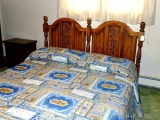 Queen sized bed with headboard, frame and bedding as pictured. Matches Lot 99 and 108.