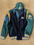 Leather Green Bay Packers suede jacket with corduroy hat. NFL jacket is in very good condition, size