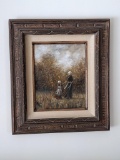 Beautiful fall original oil painting with mother and daughter, by Sue Peot; framed it measures 20