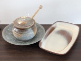 Charming stoneware pottery honeypot, Frankoma 5PS platter, and a 7-1/2