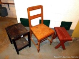 Sturdy wooden chair and two little side tables. Larger table is about 16