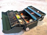 Vintage tacklemaster tackle box with old tackle still in it. The box is in pretty good condition