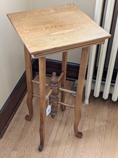 Antique plant stand is about 15" x 15" x 30" and would also make a sweet little side table. In good