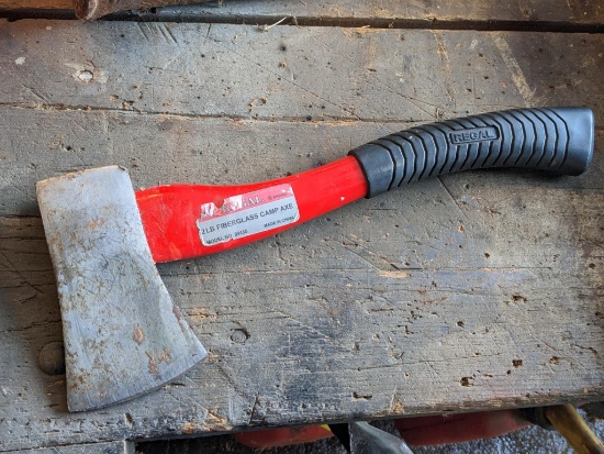 Regal 2 pound camp axe or hatchet, has a tight 15" fiberglass handle.