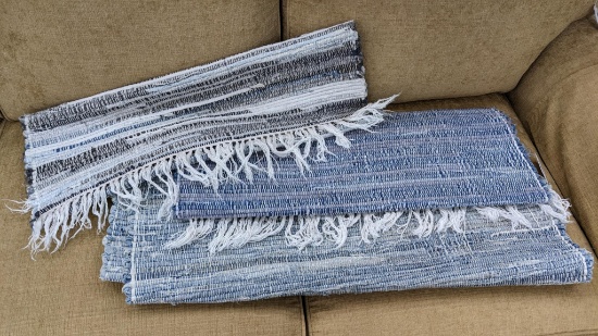 Three rag rugs look like they were made from denim. Largest without fringe is 30" wide x 4'. All in
