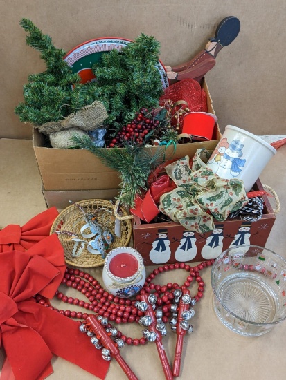 Variety of nice Christmas decorations including 12" faux trees, serving trays, ribbon, beaded
