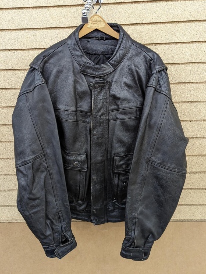 Pro Rider leather motorcycle jacket is a men's size large and has a removeable nylon liner.
