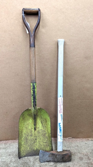 Handy flat bottom shovel is 10" wide; nice splitting maul has a fiberglass handle.