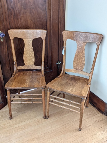 Pair of charming antique chairs are in good condition and measure about 17" x 17" x 38" high.